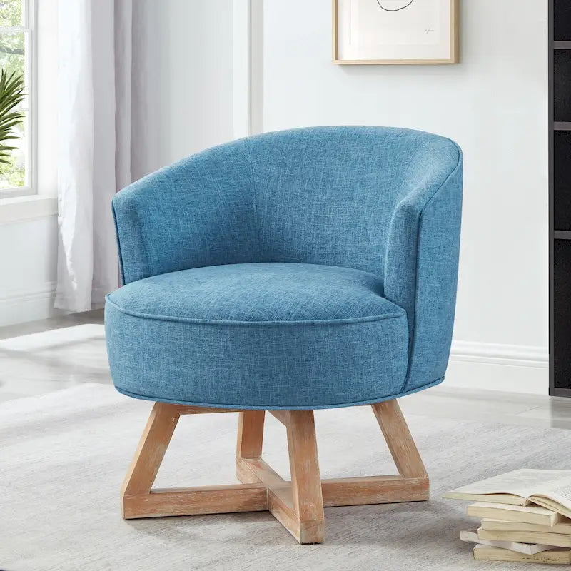 Fauteuil pivotant 360° en lin, bleu clair, moderne, 27 po, avec pieds solides