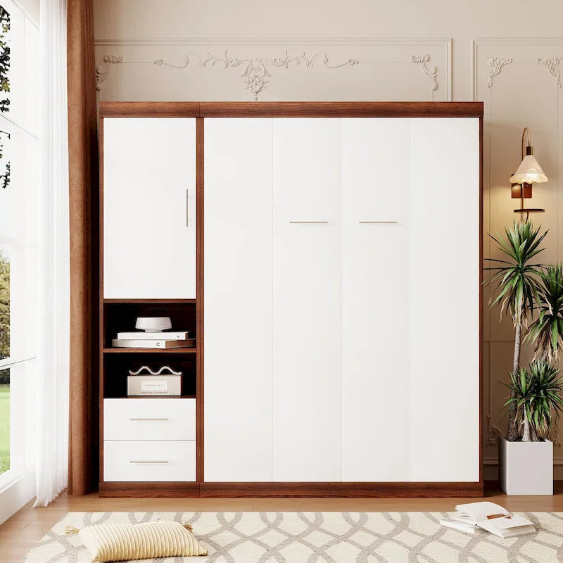 Lit escamotable double avec armoire de rangement, cadre de lit pliable à levage assisté, ensemble tout-en-un lit et armoire, indispensable pour optimiser l'espace dans les petits logements