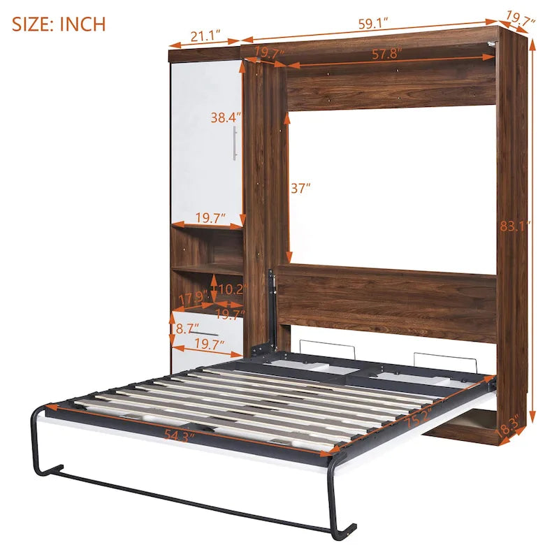 Lit escamotable double avec armoire de rangement, cadre de lit pliable à levage assisté, ensemble tout-en-un lit et armoire, indispensable pour optimiser l'espace dans les petits logements