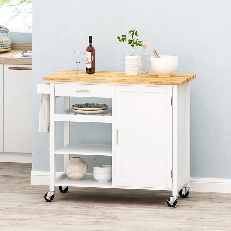 Rolling Kitchen Island Cart, Kitchen Storage Cart With Wooden Top, Modern Home Storage Cart With Door, 3 Shelves, Drawer