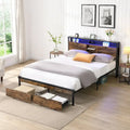Lit plateforme en métal noir et marron, format très grand (King), avec tête de lit en bois, tiroirs sous le lit et éclairage LED, cadre de lit en métal robuste, lit de rangement moderne et élégant pour chambre principale
