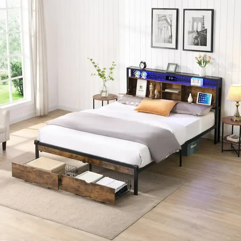 Lit plateforme en métal noir et marron, format très grand (King), avec tête de lit en bois, tiroirs sous le lit et éclairage LED, cadre de lit en métal robuste, lit de rangement moderne et élégant pour chambre principale