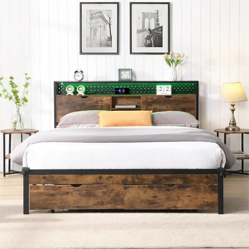 Lit plateforme en métal noir et marron, format très grand (King), avec tête de lit en bois, tiroirs sous le lit et éclairage LED, cadre de lit en métal robuste, lit de rangement moderne et élégant pour chambre principale