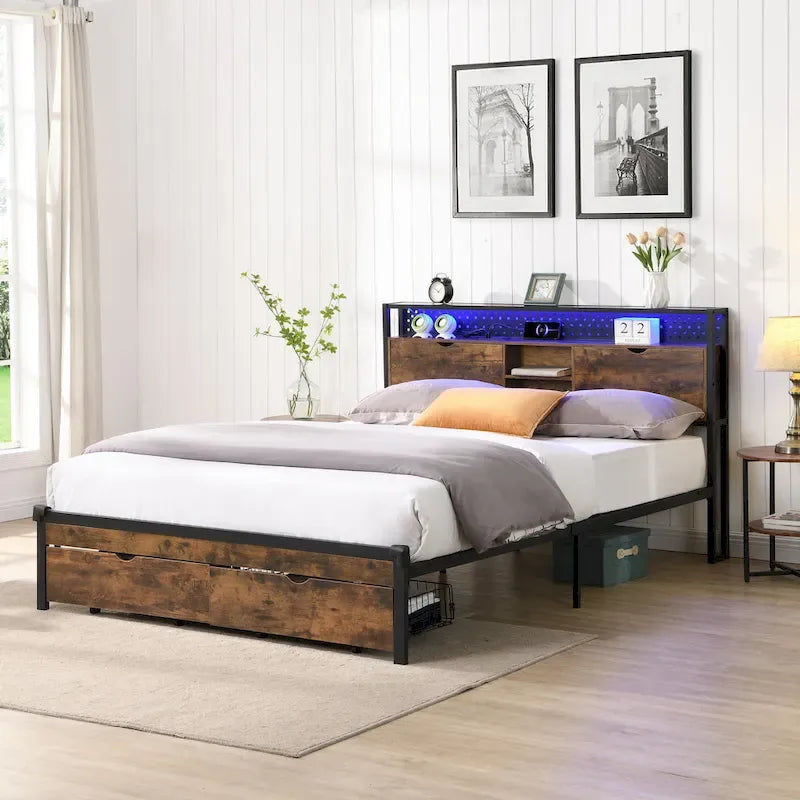 Lit plateforme en métal noir et marron, format très grand (King), avec tête de lit en bois, tiroirs sous le lit et éclairage LED, cadre de lit en métal robuste, lit de rangement moderne et élégant pour chambre principale