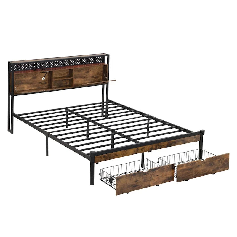 Lit plateforme en métal noir et marron, format très grand (King), avec tête de lit en bois, tiroirs sous le lit et éclairage LED, cadre de lit en métal robuste, lit de rangement moderne et élégant pour chambre principale