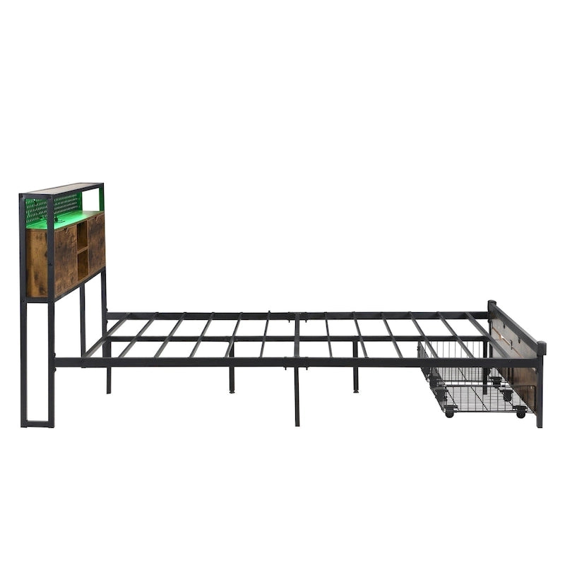 Lit plateforme en métal noir et marron, format très grand (King), avec tête de lit en bois, tiroirs sous le lit et éclairage LED, cadre de lit en métal robuste, lit de rangement moderne et élégant pour chambre principale