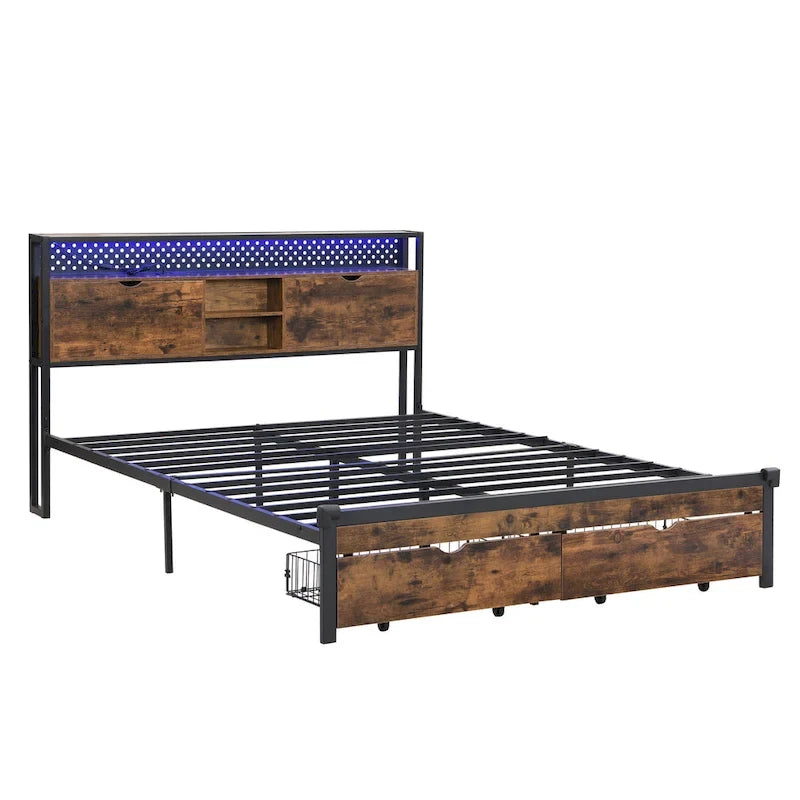 Lit plateforme en métal noir et marron, format très grand (King), avec tête de lit en bois, tiroirs sous le lit et éclairage LED, cadre de lit en métal robuste, lit de rangement moderne et élégant pour chambre principale