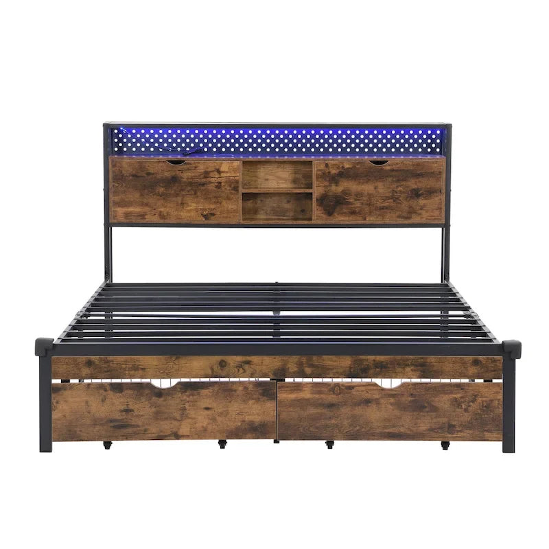 Lit plateforme en métal noir et marron, format très grand (King), avec tête de lit en bois, tiroirs sous le lit et éclairage LED, cadre de lit en métal robuste, lit de rangement moderne et élégant pour chambre principale