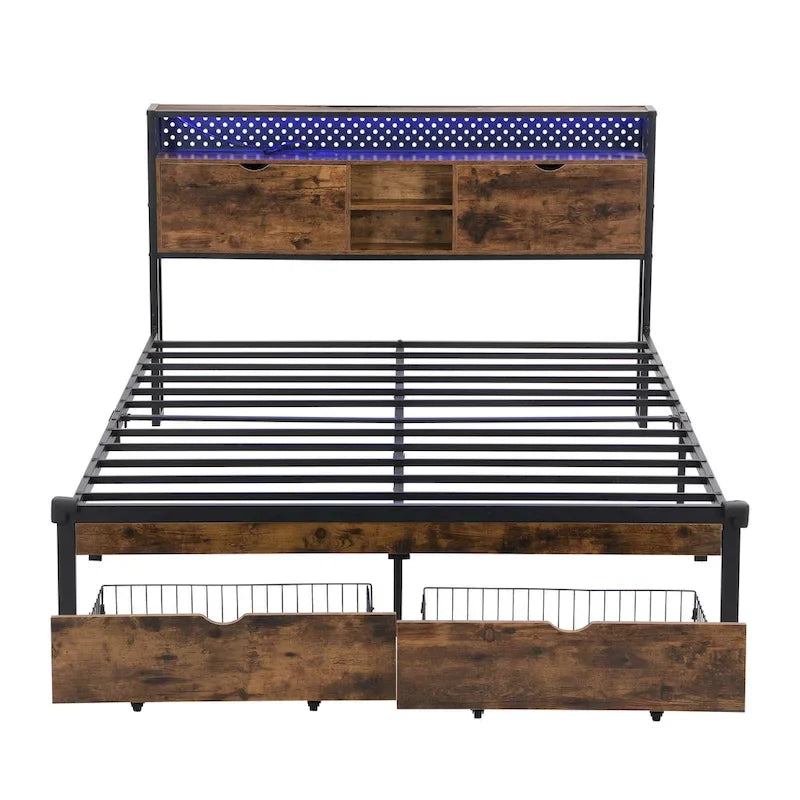 Lit plateforme en métal noir et marron, format très grand (King), avec tête de lit en bois, tiroirs sous le lit et éclairage LED, cadre de lit en métal robuste, lit de rangement moderne et élégant pour chambre principale