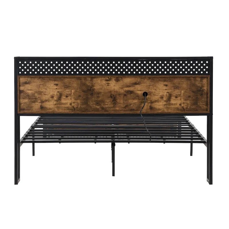 Lit plateforme en métal noir et marron, format très grand (King), avec tête de lit en bois, tiroirs sous le lit et éclairage LED, cadre de lit en métal robuste, lit de rangement moderne et élégant pour chambre principale