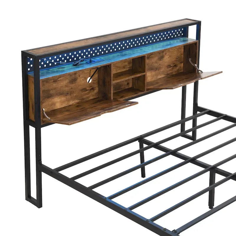 Lit plateforme en métal noir et marron, format très grand (King), avec tête de lit en bois, tiroirs sous le lit et éclairage LED, cadre de lit en métal robuste, lit de rangement moderne et élégant pour chambre principale