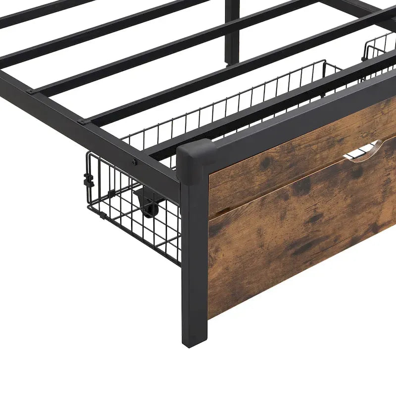 Lit plateforme en métal noir et marron, format très grand (King), avec tête de lit en bois, tiroirs sous le lit et éclairage LED, cadre de lit en métal robuste, lit de rangement moderne et élégant pour chambre principale