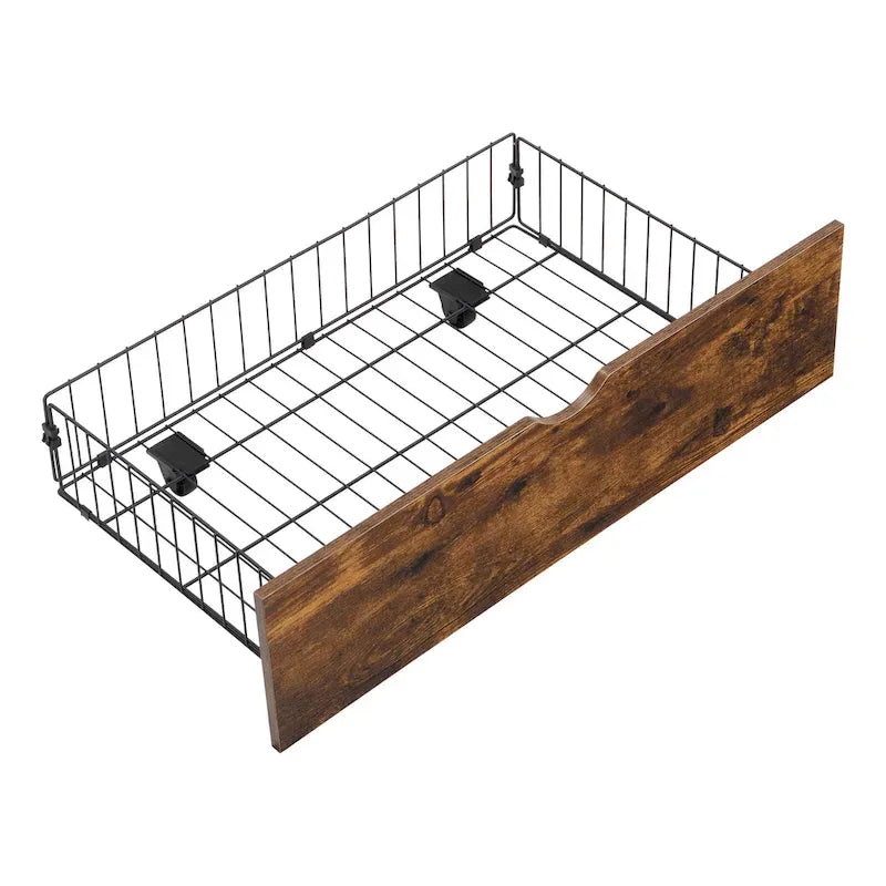 Lit plateforme en métal noir et marron, format très grand (King), avec tête de lit en bois, tiroirs sous le lit et éclairage LED, cadre de lit en métal robuste, lit de rangement moderne et élégant pour chambre principale