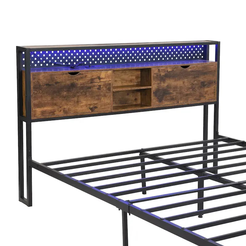 Lit plateforme en métal noir et marron, format très grand (King), avec tête de lit en bois, tiroirs sous le lit et éclairage LED, cadre de lit en métal robuste, lit de rangement moderne et élégant pour chambre principale