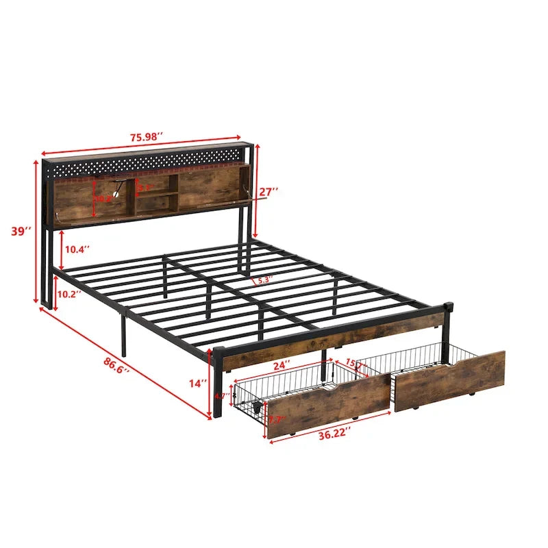 Lit plateforme en métal noir et marron, format très grand (King), avec tête de lit en bois, tiroirs sous le lit et éclairage LED, cadre de lit en métal robuste, lit de rangement moderne et élégant pour chambre principale