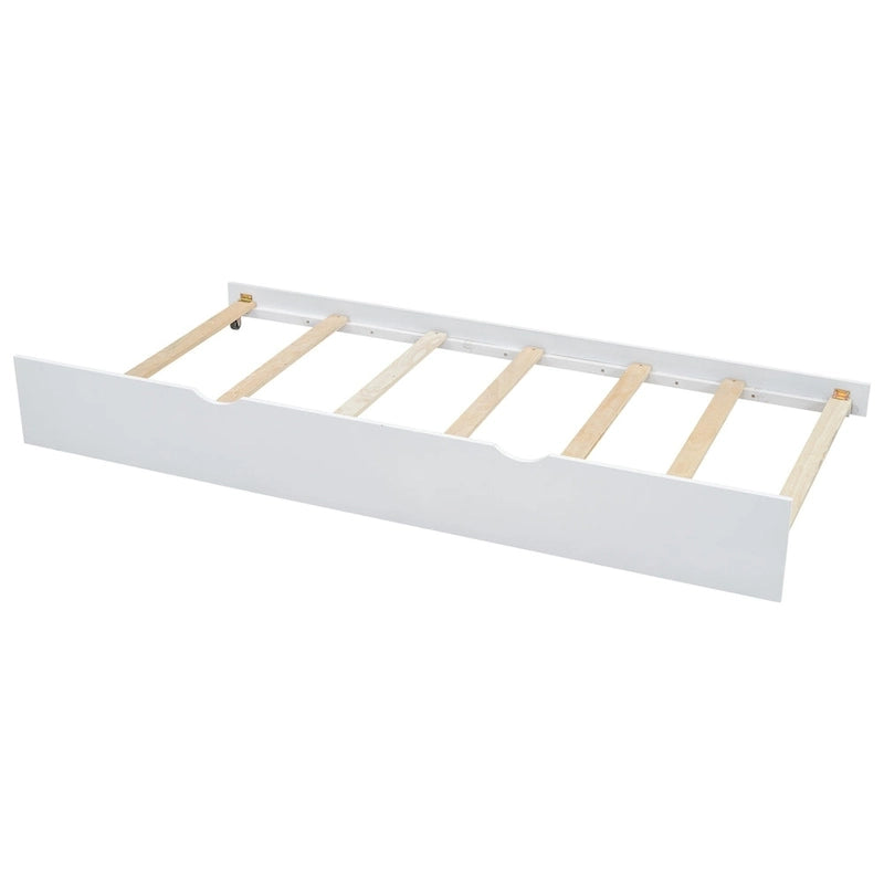 Lit plate-forme double avec tête de lit de rangement, étagères coulissantes et lit gigogne