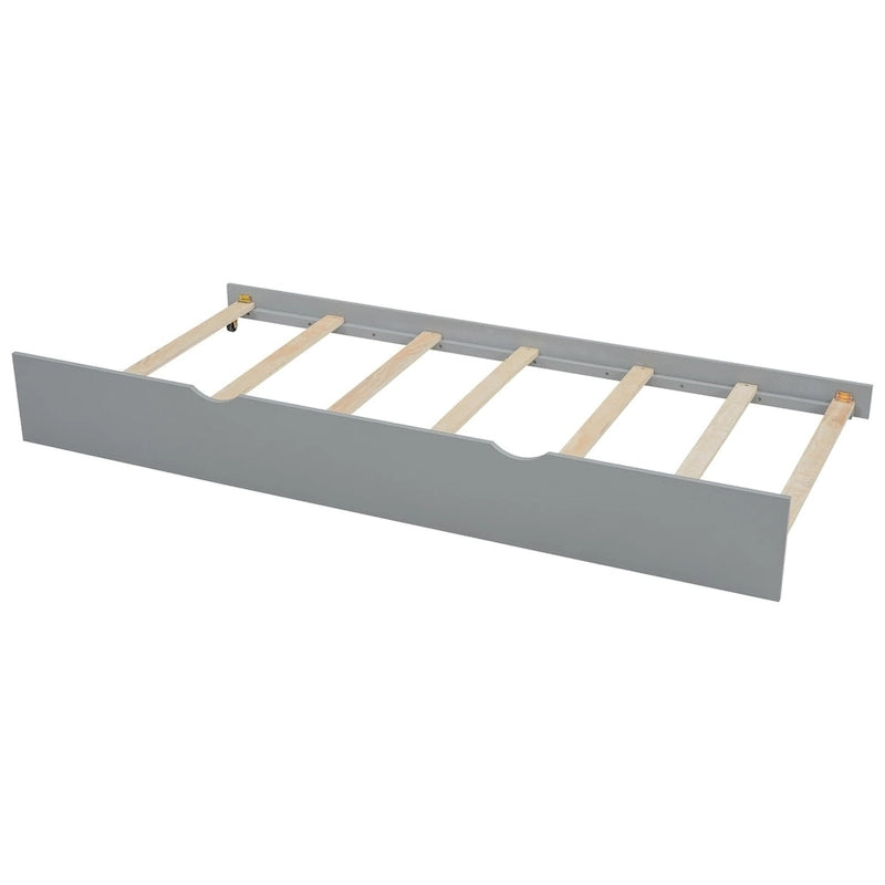 Lit plate-forme double avec tête de lit de rangement, étagères coulissantes et lit gigogne