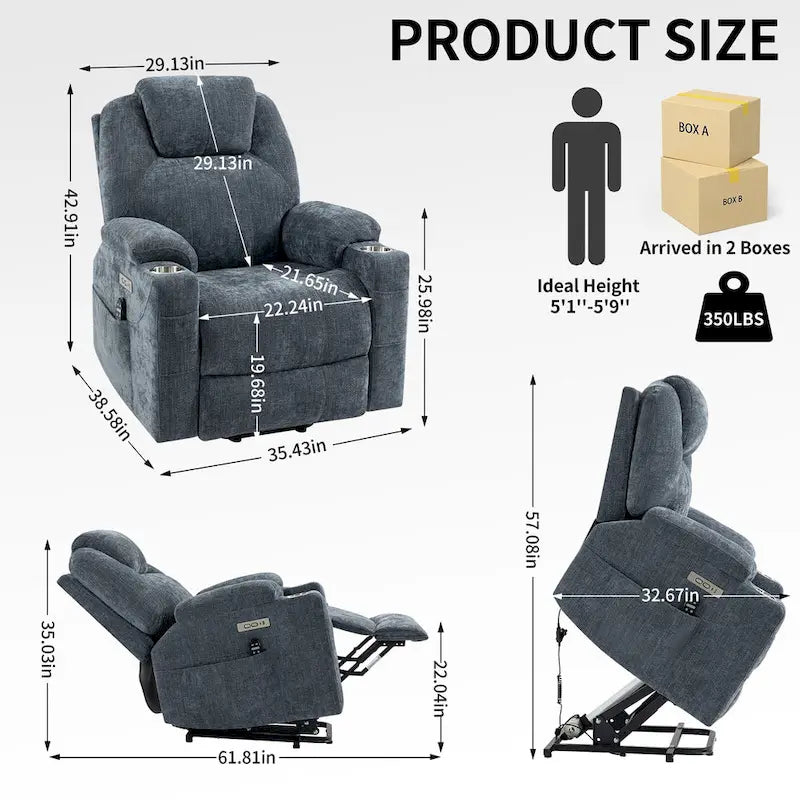 Fauteuil releveur électrique en chenille, capacité jusqu'à 159 kg (350 lb), mécanisme de mouvement robuste avec massage par vibration à 8 points et soutien lombaire