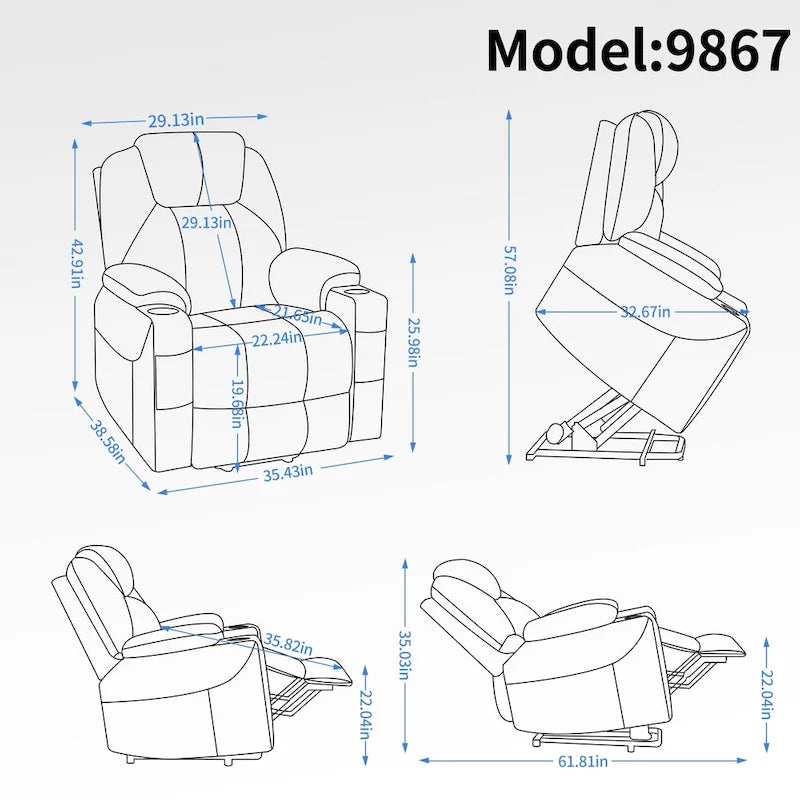 Fauteuil releveur électrique en chenille, capacité jusqu'à 159 kg (350 lb), mécanisme de mouvement robuste avec massage par vibration à 8 points et soutien lombaire