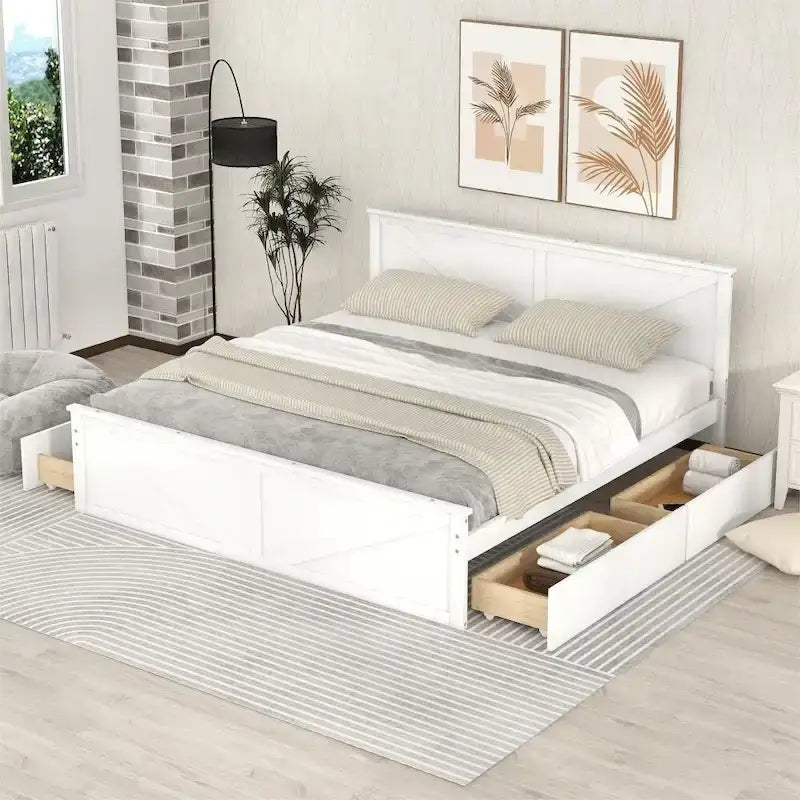 Cadre de lit plateforme King en bois avec quatre tiroirs de rangement et pieds de soutien