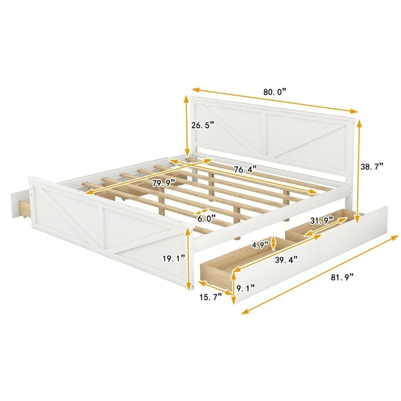 Cadre de lit plateforme King en bois avec quatre tiroirs de rangement et pieds de soutien