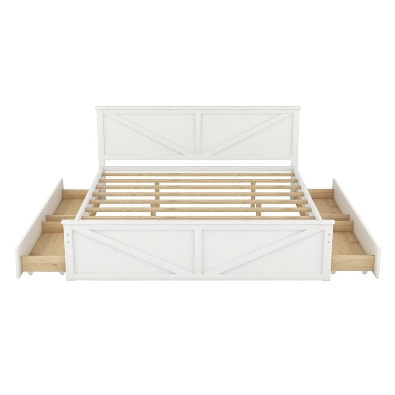 Cadre de lit plateforme King en bois avec quatre tiroirs de rangement et pieds de soutien