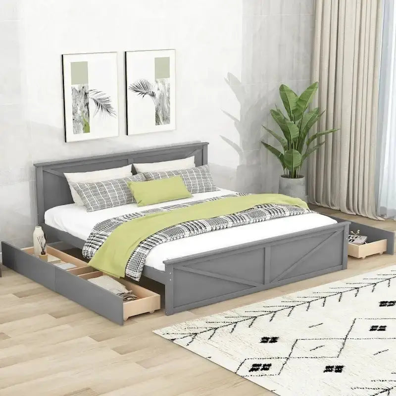 Cadre de lit plateforme King en bois avec quatre tiroirs de rangement et pieds de soutien