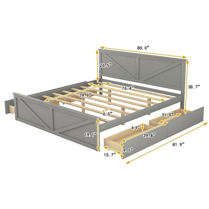 Cadre de lit plateforme King en bois avec quatre tiroirs de rangement et pieds de soutien