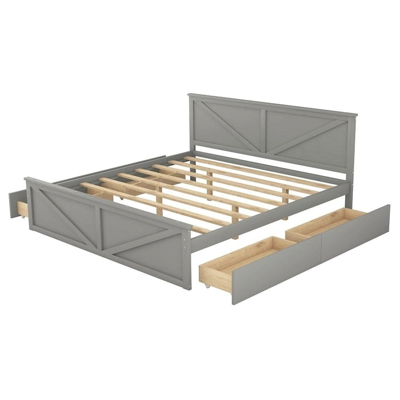 Cadre de lit plateforme King en bois avec quatre tiroirs de rangement et pieds de soutien