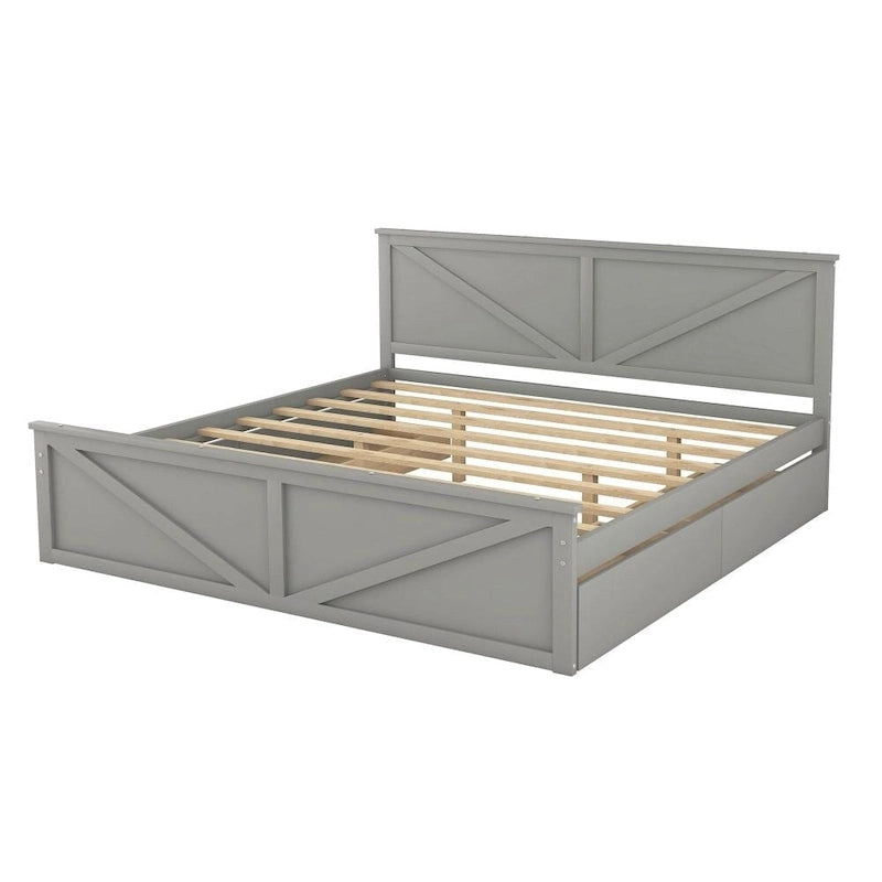 Cadre de lit plateforme King en bois avec quatre tiroirs de rangement et pieds de soutien