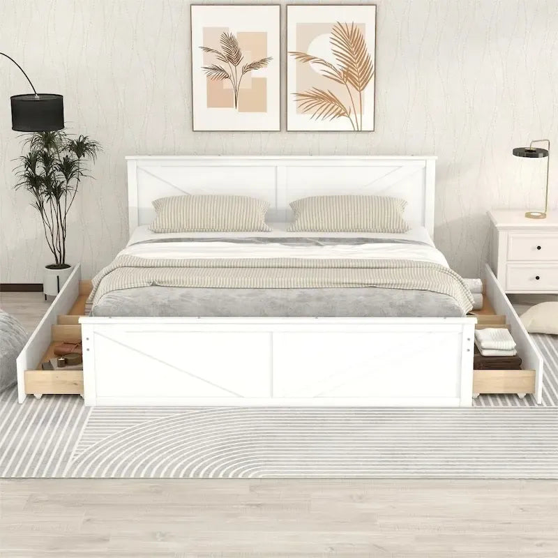 Cadre de lit plateforme King en bois avec quatre tiroirs de rangement et pieds de soutien
