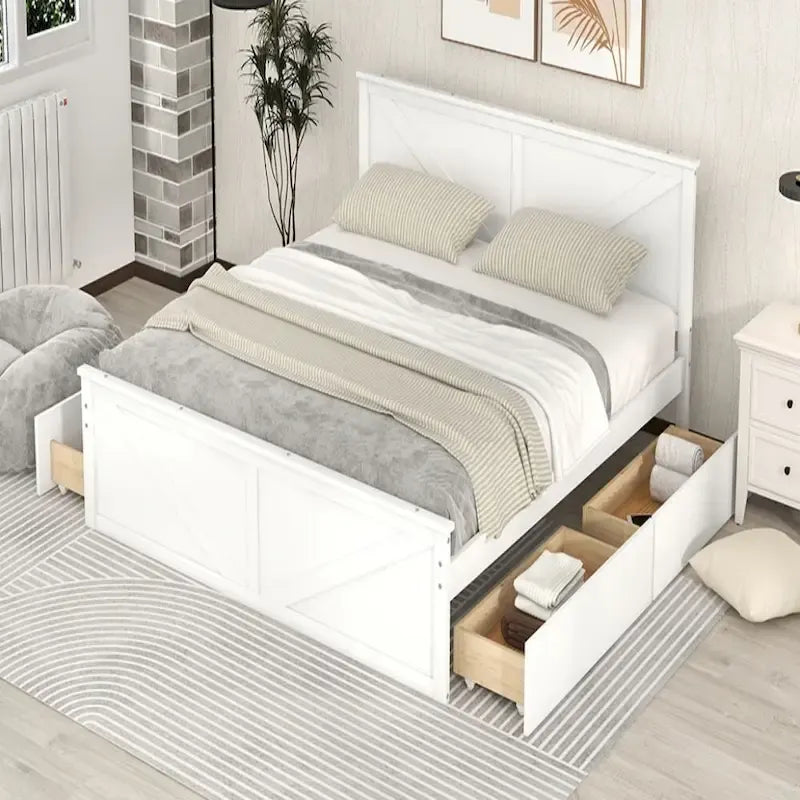Cadre de lit plateforme King en bois avec quatre tiroirs de rangement et pieds de soutien