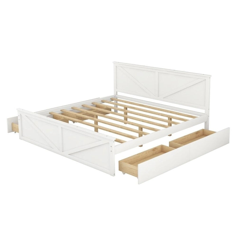 Cadre de lit plateforme King en bois avec quatre tiroirs de rangement et pieds de soutien