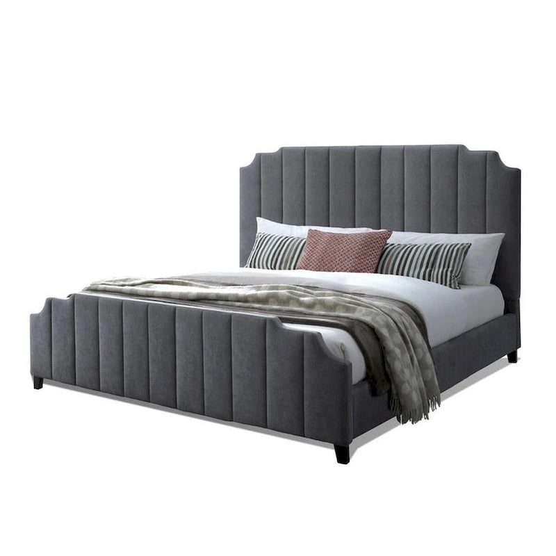 Cery Modern King Size Bed, Channel Tufted Dark Gray Chenille Upholstery