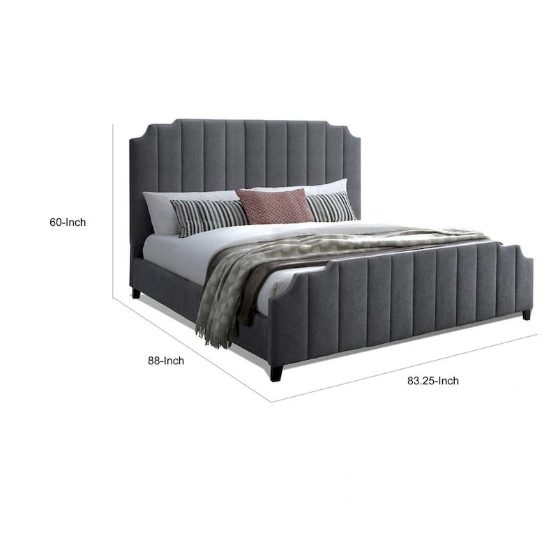 Lit King Size moderne capitonné, tissu chenille gris foncé à larges bandes verticales, cadre de lit au confort premium, pièce maîtresse élégante pour chambres contemporaines