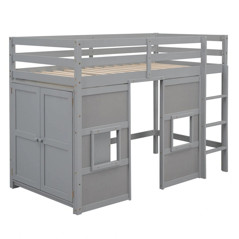 Lit mezzanine cabane une place en bois avec armoire et 2 fenêtres, lit mezzanine enfant sécurisé avec garde-corps, lit multifonction populaire pour chambre de garçon et fille