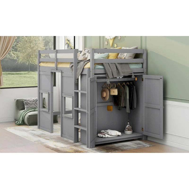 Lit mezzanine cabane une place en bois avec armoire et 2 fenêtres, lit mezzanine enfant sécurisé avec garde-corps, lit multifonction populaire pour chambre de garçon et fille