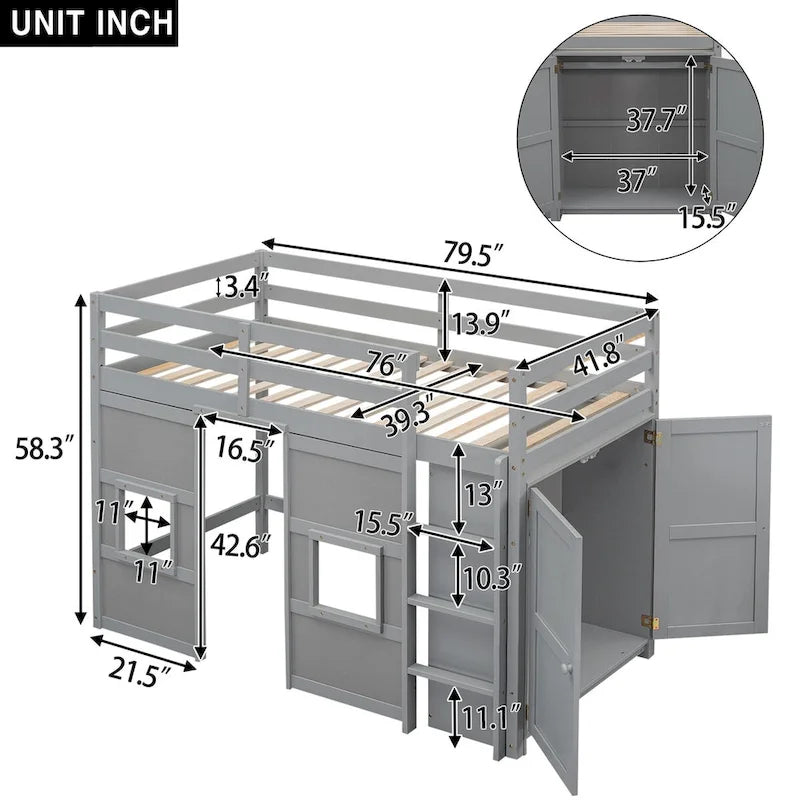 Lit mezzanine cabane une place en bois avec armoire et 2 fenêtres, lit mezzanine enfant sécurisé avec garde-corps, lit multifonction populaire pour chambre de garçon et fille