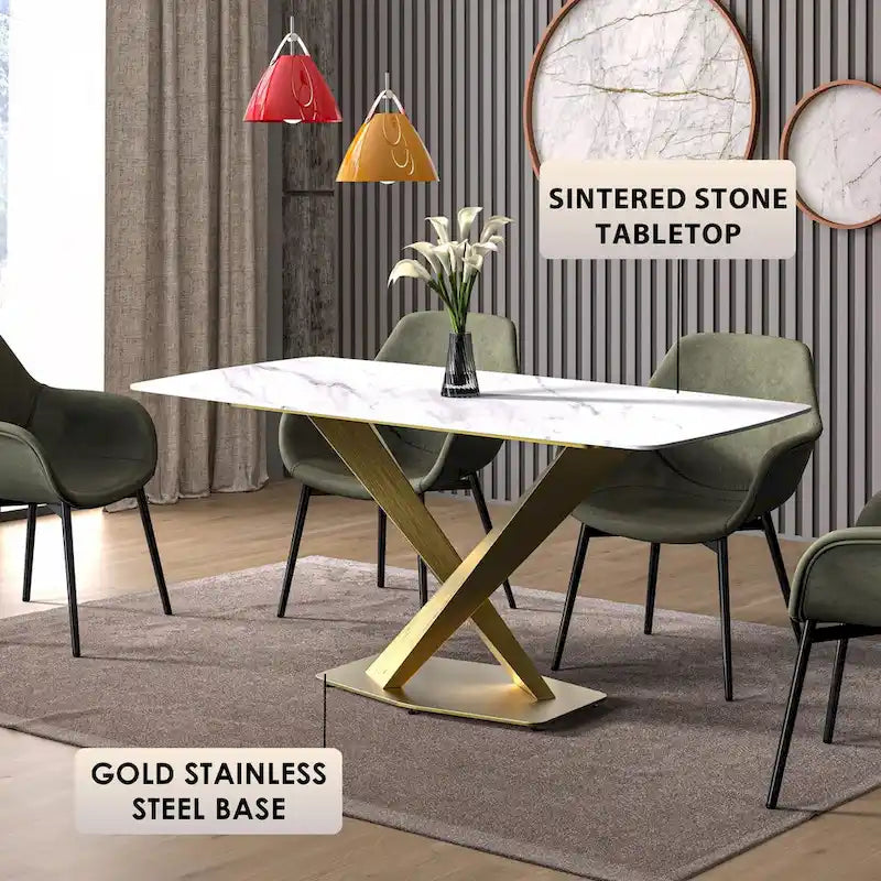 Table de salle à manger avec plateau rectangulaire et piétement en acier inoxydable