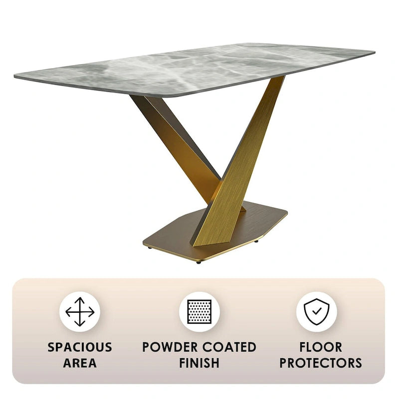 Table de salle à manger avec plateau rectangulaire et piétement en acier inoxydable