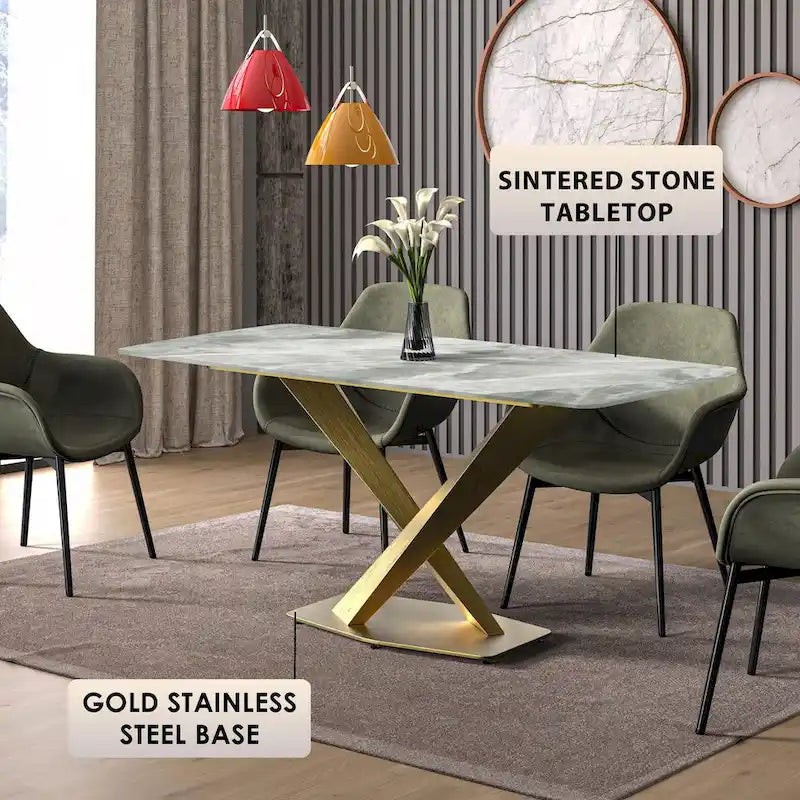 Table de salle à manger avec plateau rectangulaire et piétement en acier inoxydable