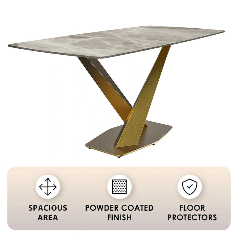 Table de salle à manger avec plateau rectangulaire et piétement en acier inoxydable