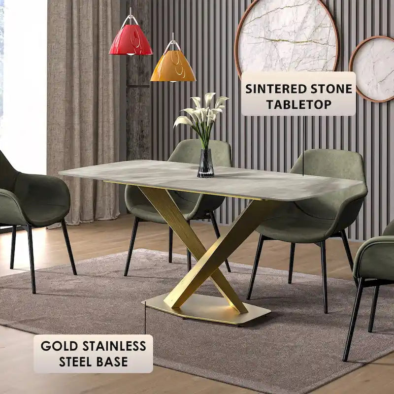 Table de salle à manger avec plateau rectangulaire et piétement en acier inoxydable