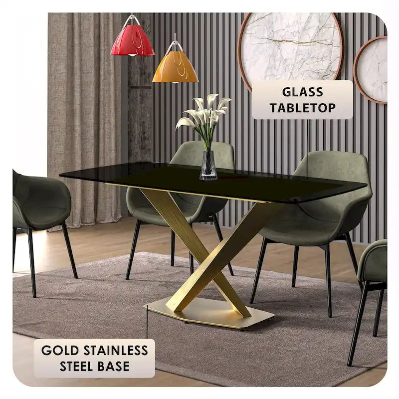 Table de salle à manger avec plateau rectangulaire et piétement en acier inoxydable
