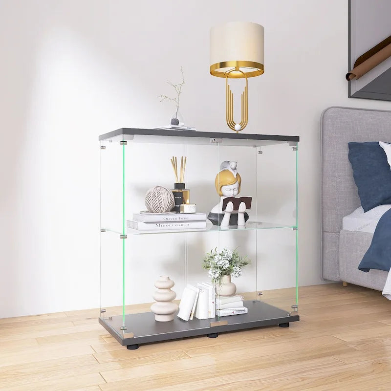 Vitrine en verre à deux portes avec 2 étagères, présentoir de rangement sur pied, élégante vitrine pour objets de collection, décoration, livres dans le salon et le bureau