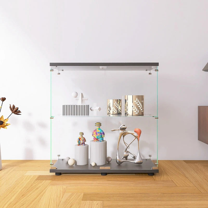 Vitrine en verre à deux portes avec 2 étagères, présentoir de rangement sur pied, élégante vitrine pour objets de collection, décoration, livres dans le salon et le bureau