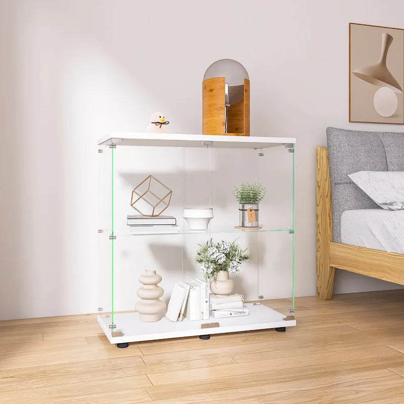 Vitrine en verre à deux portes avec 2 étagères, présentoir de rangement sur pied, élégante vitrine pour objets de collection, décoration, livres dans le salon et le bureau