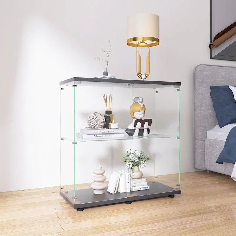 Vitrine en verre à deux portes avec 2 étagères, présentoir de rangement sur pied, élégante vitrine pour objets de collection, décoration, livres dans le salon et le bureau