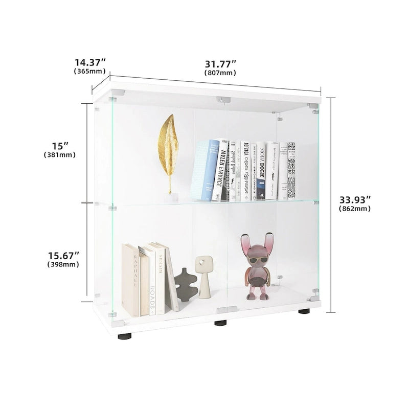 Vitrine en verre à deux portes avec 2 étagères, présentoir de rangement sur pied, élégante vitrine pour objets de collection, décoration, livres dans le salon et le bureau