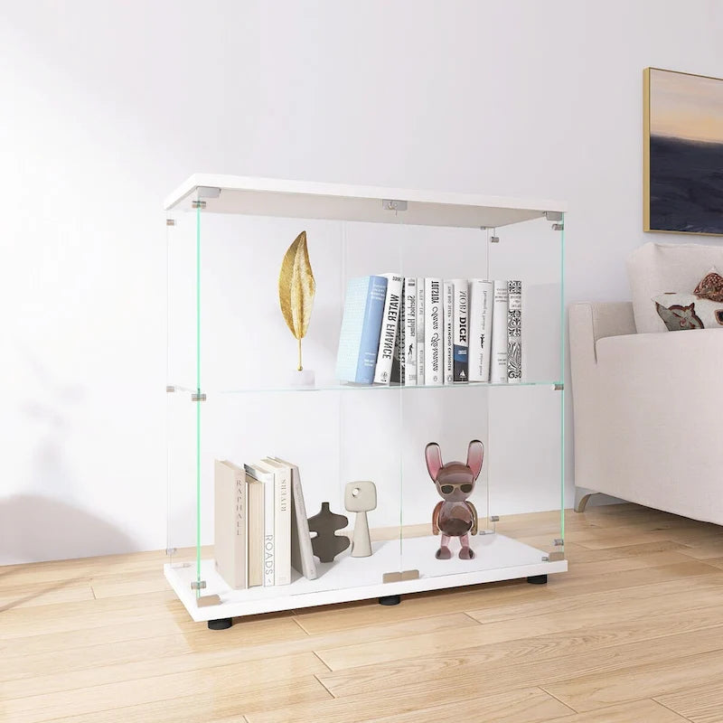 Vitrine en verre à deux portes avec 2 étagères, présentoir de rangement sur pied, élégante vitrine pour objets de collection, décoration, livres dans le salon et le bureau